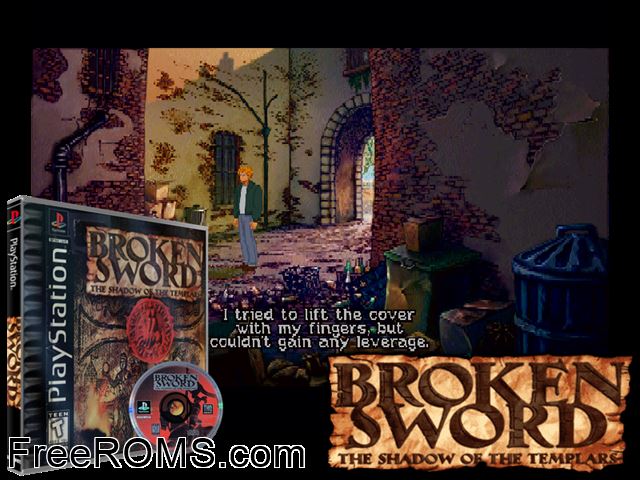 Broken Sword - The Shadow Of The Templars PSX game showing 3D box cover and gameplay screenshot
