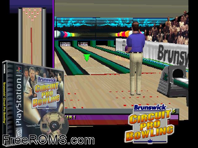 Brunswick Circuit Pro Bowling PSX game showing 3D box cover and gameplay screenshot