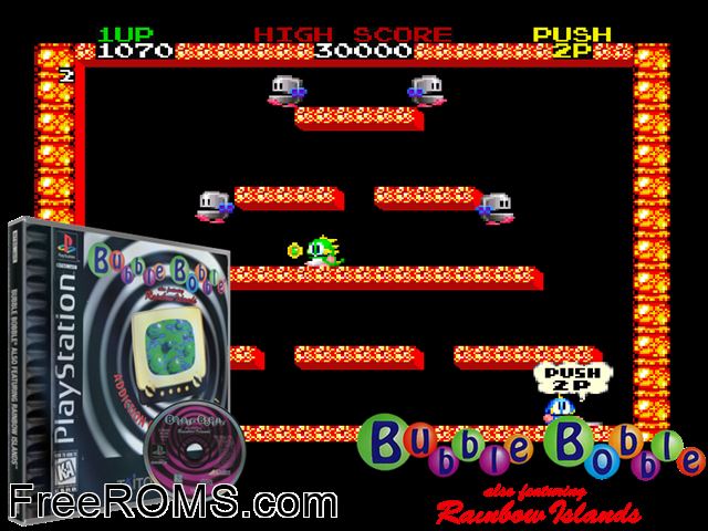 Bubble Bobble - featuring Rainbow Islands PSX game showing 3D box cover and gameplay screenshot