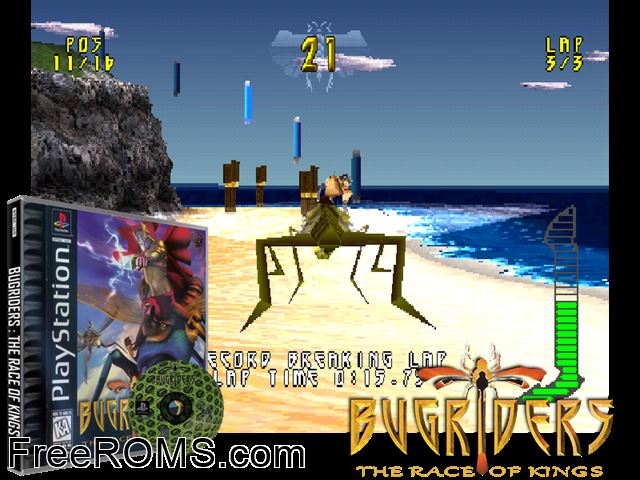 Bugriders - The Race of Kings PSX game showing 3D box cover and gameplay screenshot