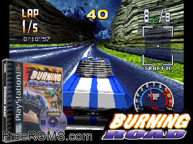 Burning Road PSX game showing 3D box cover and gameplay screenshot