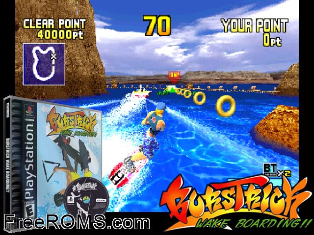 Burstrick Wake Boarding!! PSX game showing 3D box cover and gameplay screenshot