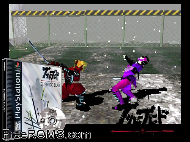 Bushido Blade PSX game showing 3D box cover and gameplay screenshot