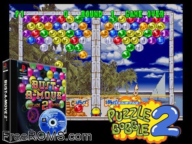 Bust-a-Move 2 - Arcade Edition PSX game showing 3D box cover and gameplay screenshot