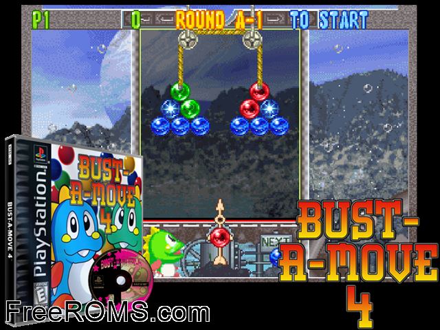 Bust-A-Move 4 PSX game showing 3D box cover and gameplay screenshot
