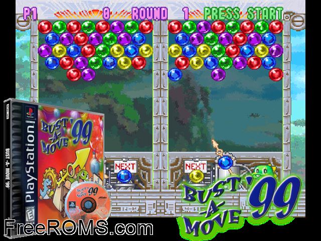 Bust-A-Move 99 PSX game showing 3D box cover and gameplay screenshot