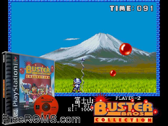 Buster Bros. Collection PSX game showing 3D box cover and gameplay screenshot