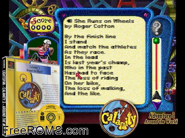 Calamity 3 - Around The World PSX game showing 3D box cover and gameplay screenshot