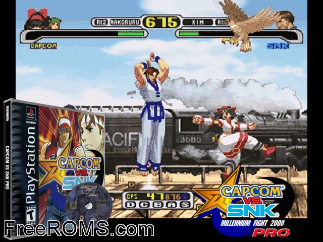 Capcom vs. SNK - Millennium Fight 2000 Pro PSX game showing 3D box cover and gameplay screenshot