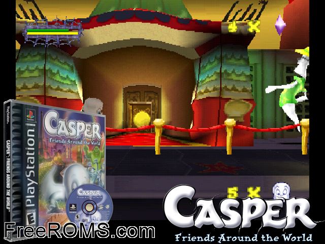 Casper - Friends Around The World PSX game showing 3D box cover and gameplay screenshot