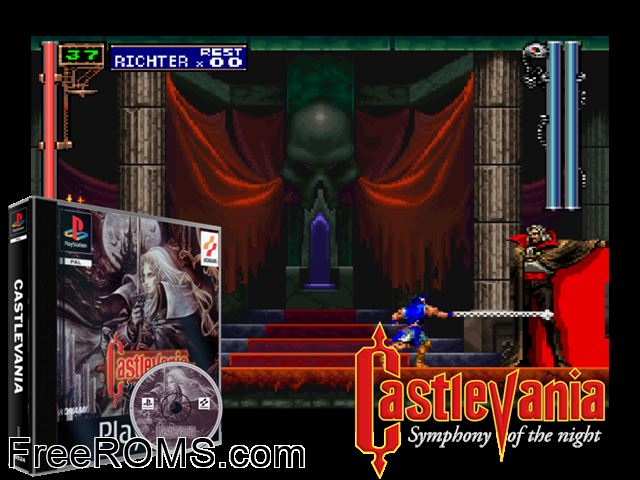 Castlevania - Symphony Of The Night PSX game showing 3D box cover and gameplay screenshot
