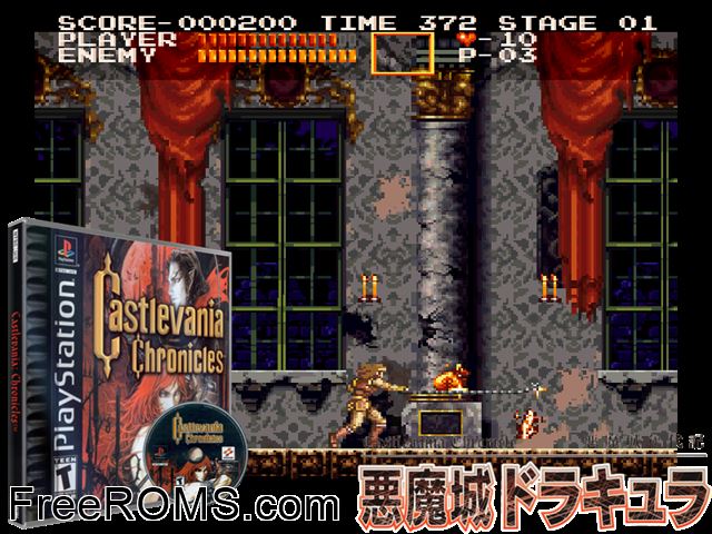 Castlevania Chronicles (v1.1) PSX game showing 3D box cover and gameplay screenshot