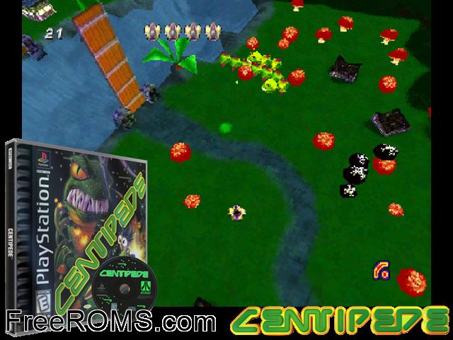 Centipede PSX game showing 3D box cover and gameplay screenshot