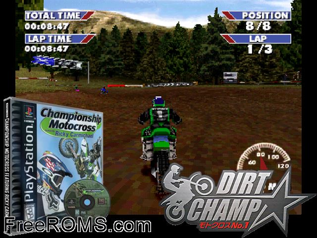 Championship Motocross - featuring Ricky Carmichael PSX game showing 3D box cover and gameplay screenshot