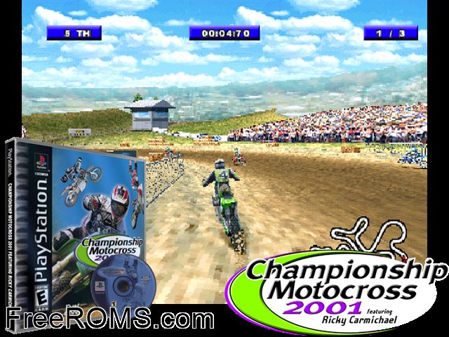 Championship Motocross 2001 - Ricky Carmichael PSX game showing 3D box cover and gameplay screenshot