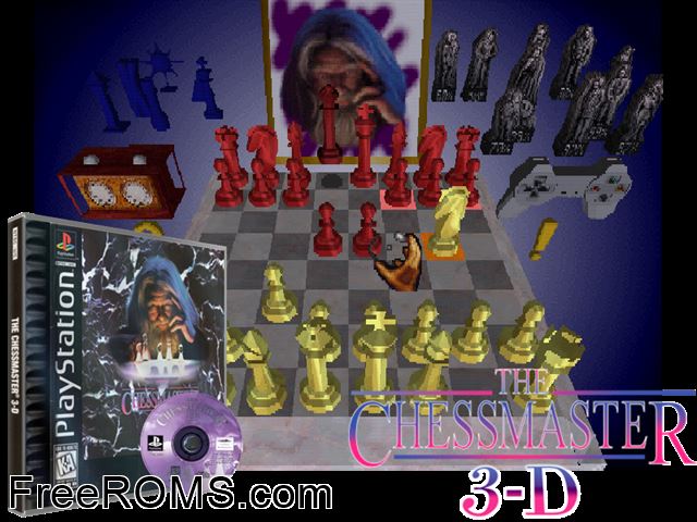 Chessmaster 3D PSX game showing 3D box cover and gameplay screenshot
