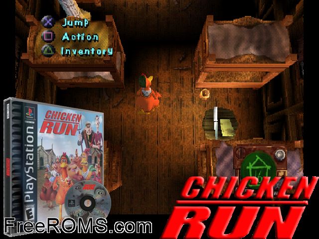 Chicken Run PSX game showing 3D box cover and gameplay screenshot