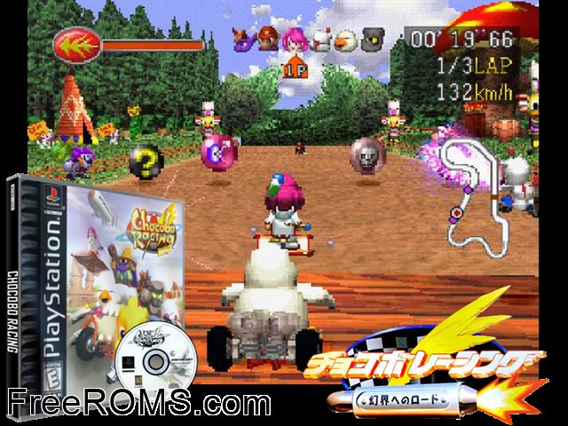 Chocobo Racing PSX game showing 3D box cover and gameplay screenshot