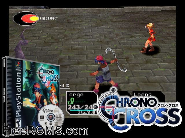 Chrono Cross (Disc 1) PSX game showing 3D box cover and gameplay screenshot