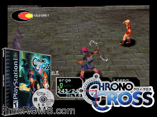 Chrono Cross (Disc 2) PSX game showing 3D box cover and gameplay screenshot