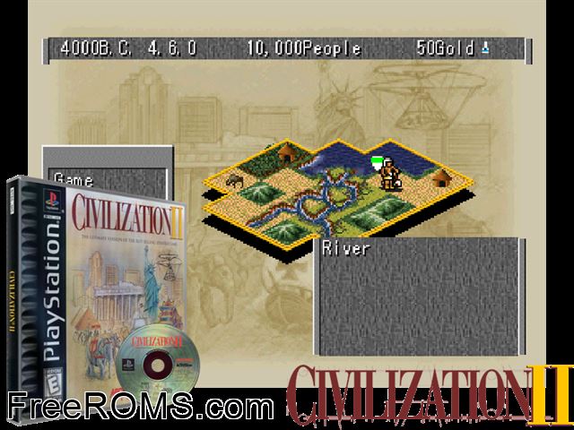 Civilization II PSX game showing 3D box cover and gameplay screenshot