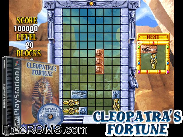 Cleopatra's Fortune PSX game showing 3D box cover and gameplay screenshot