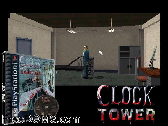 Clock Tower PSX game showing 3D box cover and gameplay screenshot