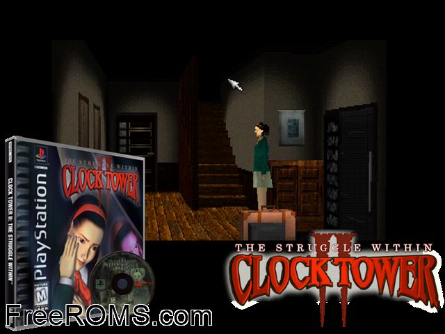 Clock Tower II - The Struggle Within PSX game showing 3D box cover and gameplay screenshot
