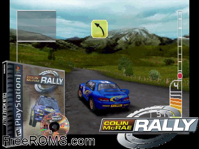 Colin McRae Rally PSX game showing 3D box cover and gameplay screenshot