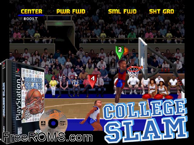 College Slam PSX game showing 3D box cover and gameplay screenshot