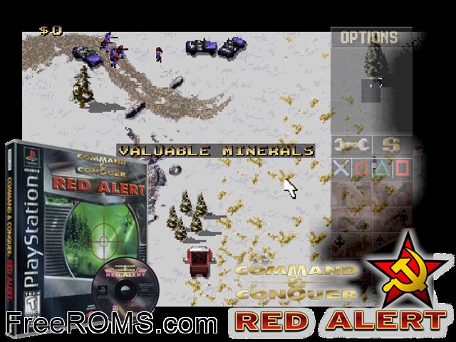 Command and Conquer - Red Alert (Disc 2) (Soviet Disc) PSX game showing 3D box cover and gameplay screenshot
