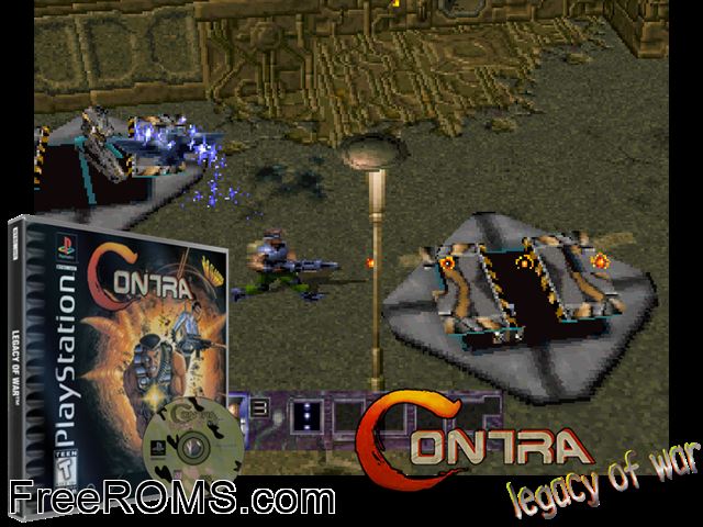 Contra - Legacy of War PSX game showing 3D box cover and gameplay screenshot