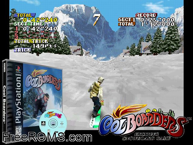 Cool Boarders - Extreme Snowboarding PSX game showing 3D box cover and gameplay screenshot