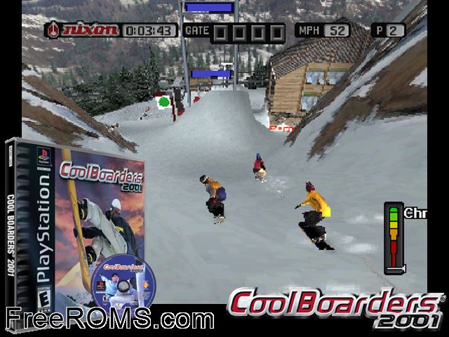 Cool Boarders 2001 PSX game showing 3D box cover and gameplay screenshot