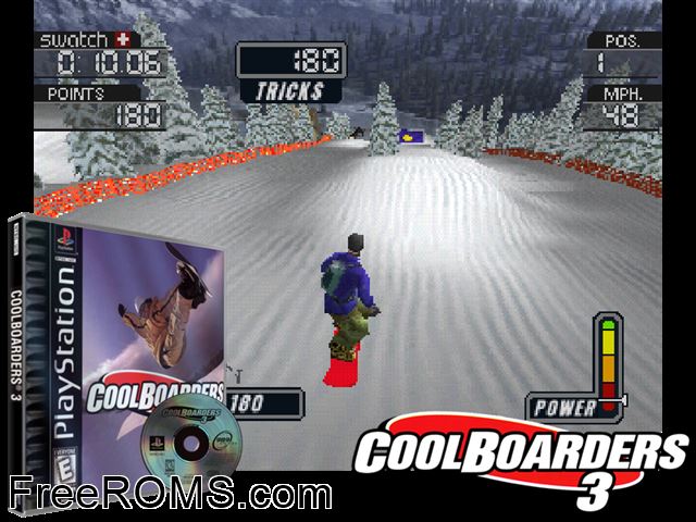 Cool Boarders 3 PSX game showing 3D box cover and gameplay screenshot