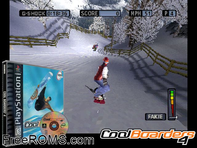 Cool Boarders 4 PSX game showing 3D box cover and gameplay screenshot