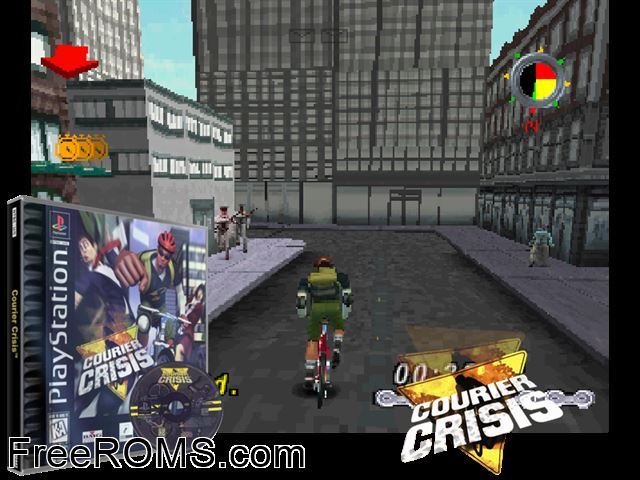 Courier Crisis PSX game showing 3D box cover and gameplay screenshot