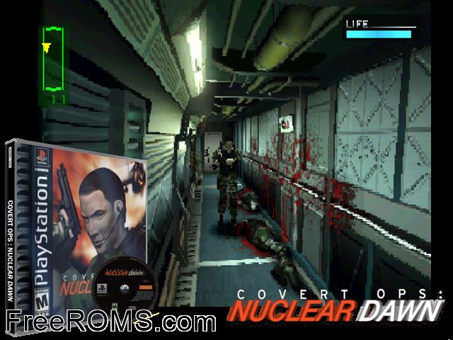 Covert Ops - Nuclear Dawn (Disc 1) PSX game showing 3D box cover and gameplay screenshot