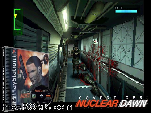 Covert Ops - Nuclear Dawn (Disc 2) PSX game showing 3D box cover and gameplay screenshot