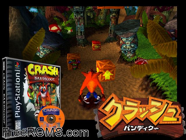 Crash Bandicoot PSX game showing 3D box cover and gameplay screenshot