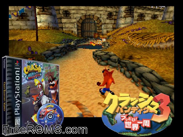 Crash Bandicoot - Warped PSX game showing 3D box cover and gameplay screenshot
