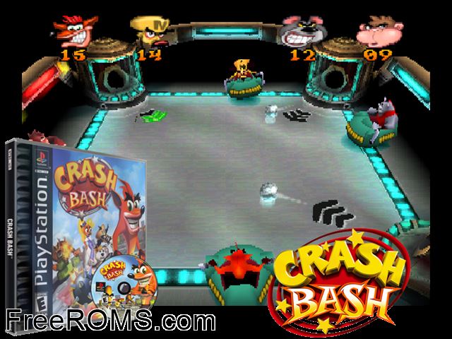 Crash Bash PSX game showing 3D box cover and gameplay screenshot