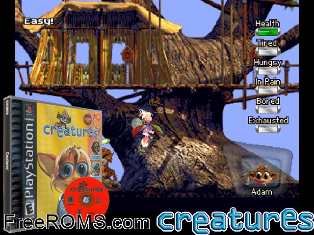 Creatures PSX game showing 3D box cover and gameplay screenshot