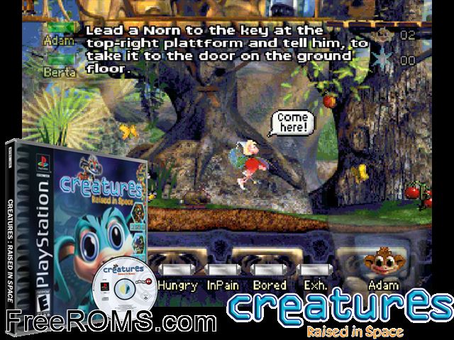Creatures - Raised in Space PSX game showing 3D box cover and gameplay screenshot