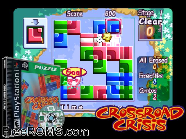 Crossroad Crisis PSX game showing 3D box cover and gameplay screenshot