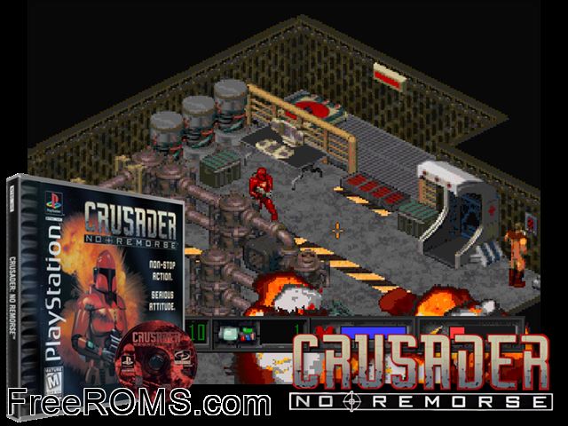 Crusader - No Remorse PSX game showing 3D box cover and gameplay screenshot