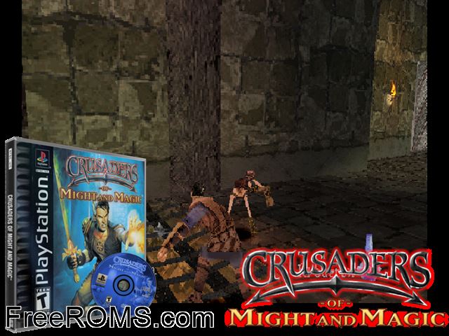 Crusaders Of Might And Magic PSX game showing 3D box cover and gameplay screenshot