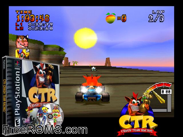 CTR - Crash Team Racing PSX game showing 3D box cover and gameplay screenshot