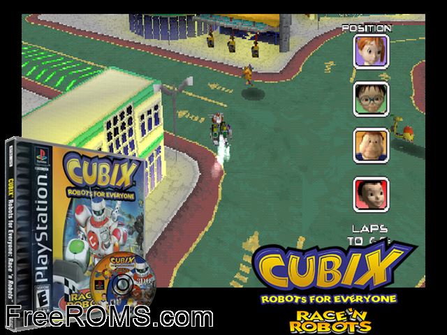 Cubix Robots for Everyone - Race'n Robots PSX game showing 3D box cover and gameplay screenshot