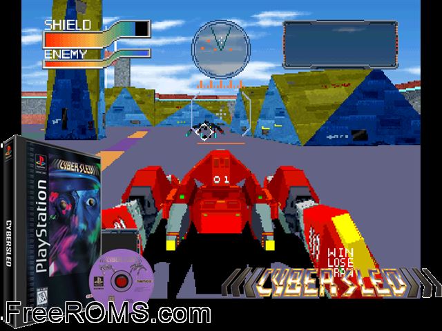 Cybersled PSX game showing 3D box cover and gameplay screenshot
